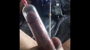 Purple dildo on the fuck machine and electric cock pump