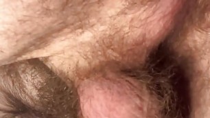Close-up view of my very hairy ass, uncut cock, and balls from behind