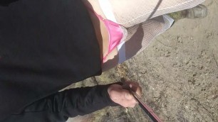 Stockings and panties on public trail jack off and cum