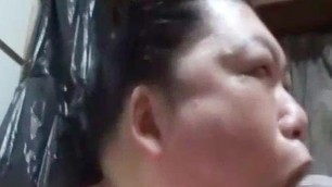 Fat Japanese gay Shino blows big cock with ahegao