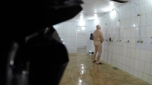 Bulky Chubby Daddy takes a shower in public pool.