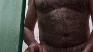 Hairy daddy jerk off and cum on shower
