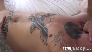 Handsome FTM with hot tattoos masturbates while sucking dick
